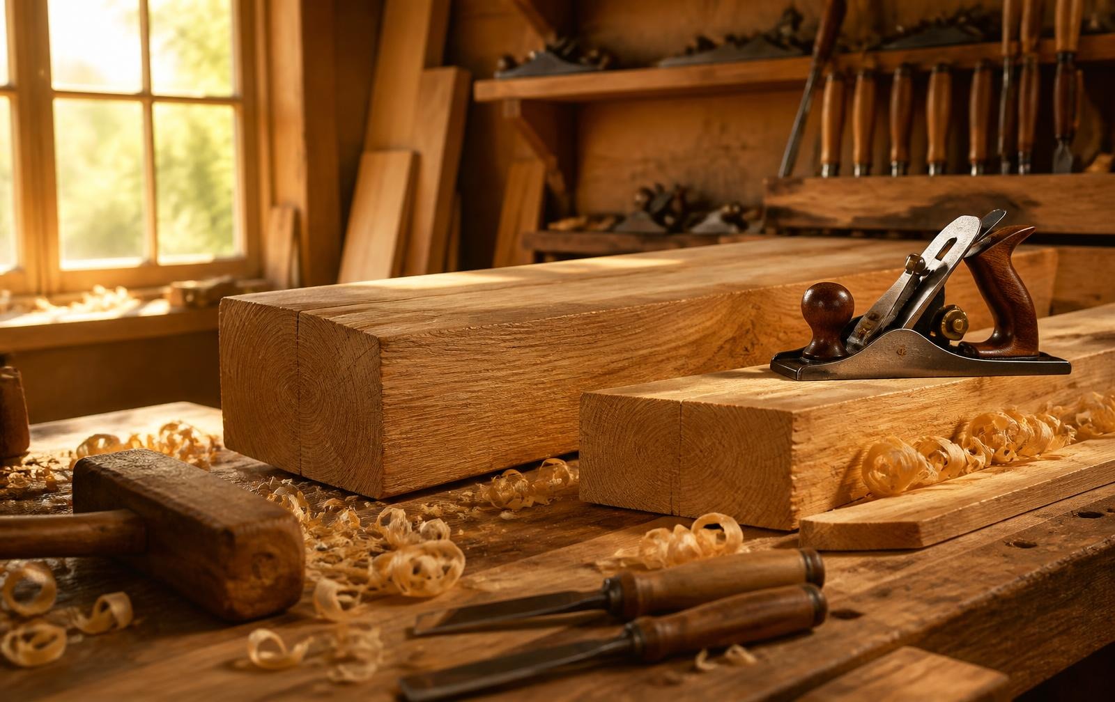Timmerwerkplaats met eiken balken en handgereedschap